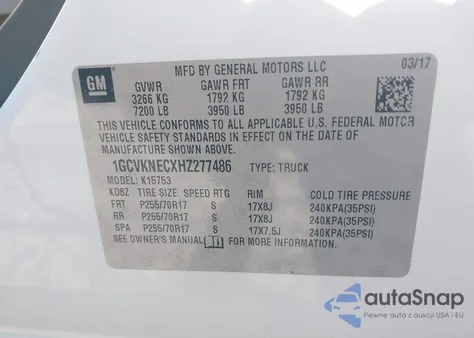 2017 Chevrolet Silverado 1500 Wt z USA, uszkodzony, nr VIN 1GCVKNECXHZ277486